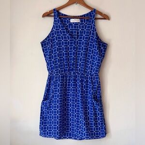 Amanda Uprichard Silk Geometric Print L Sleeveless Mini Dress Pockets Blue White